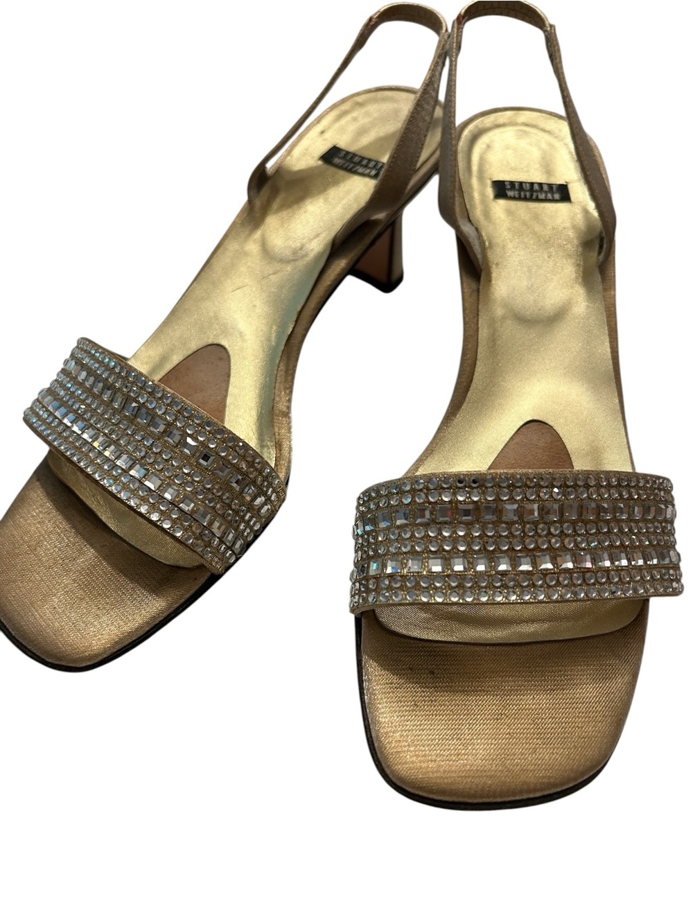 Stuart Weitzman Metallic Gold Crystal-Embellished Slingback Kitten Heels